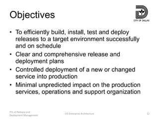 Objectives To efficiently build, install, test and deploy releases to a target environment successfully and on schedule Clear and comprehensive release and deployment plans Controlled deployment of a new or changed service into production  Minimal unpredicted impact on the production services, operations and support organization ITIL v3 Release and Deployment Management CIS Enterprise Architecture 
