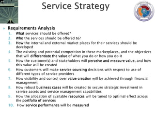    Requirements Analysis
    1.  What services should be offered?
    2.  Who the services should be offered to?
    3.  How the internal and external market places for their services should be
        developed
    4. The existing and potential competition in these marketplaces, and the objectives
        that will differentiate the value of what you do or how you do it
    5. How the customer(s) and stakeholders will perceive and measure value, and how
        this value will be created
    6. How customers will make service sourcing decisions with respect to use of
        different types of service providers
    7. How visibility and control over value creation will be achieved through financial
        management
    8. How robust business cases will be created to secure strategic investment in
        service assets and service management capabilities
    9. How the allocation of available resources will be tuned to optimal effect across
        the portfolio of services
    10. How service performance will be measured
 