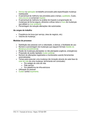 • Serviço ou aplicação re-trabalho provocado pela especificação mudança
inadequada
• O percentual de melhoria nas previsões para o tempo, qualidade, Custo,
risco,recurso e comercial impacto
• O percentual de melhoria na análise de impacto e programação de
mudanças de forma segura, eficiente e eficaz reduz o risco de mudanças
que afetam a viver ambiente
• Percentagem de redução alterações não autorizadas.
As cargas de trabalho
• Freqüência de troca (por serviço, área de negócio, etc)
• Volume de mudança.
Medidas de processo
• Satisfação das pessoas com a velocidade, a clareza, a facilidade de uso
• Número e porcentagem de mudanças que seguem formais Gestão da
Mudança procedimentos
• Razão de mudanças planejadas vs não planejada (urgência, emergência)
• Proporção de aceite rejeitado mudar pedidos
• Número de alterações registrados e monitorados usando ferramentas
automatizadas
• Tempo para executar uma mudança (de iniciação através de cada fase do
ciclo de vida de uma mudança, terminando em conclusão):
• Por estágio do ciclo de vida
• Pelo serviço
• Por plataforma de infra-estrutura
• Utilização do pessoal
• Custar contra orçamento.
ITIL V3 - Transição de Serviço - Página: 123 de 424
 