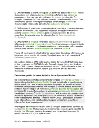 O CMS tem todas as informações para CIs dentro do designado escopo. Alguns
desses itens têm relacionado especificaçãos ou ficheiros que contêm os
conteúdos do item, por exemplo, software, documento ou fotografia. Por
exemplo, um serviço de CI irá incluir os detalhes como fornecedor, custar, Data
da compra e data de renovação de licenças e manutenção contratos ea
documentação relacionada, como SLAs e subjacente contratos.
O CMS também é usado para uma variedade de propósitos, por exemplo dados
de ativos mantidos no CMS podem ser colocados à disposição financeira
externa Gestão de Ativos sistemas para executar processos de ativos
específicos de gerenciamento de relatórios fora do Gerenciamento da
Configuração.
O CMS mantém a relaçãos entre todos os serviços componentes e qualquer
relacionado incidentes, problemas, erro conhecidos mudanças, e documentação
de liberação e também poderá conter dados corporativos sobre os funcionários,
fornecedores, locais e unidade de negócioss, clientes e usuários.
Figura 4.8 mostra como o CMS abrange as camadas de dados e informações da
hierarquia conhecimento, informação / / conhecimento explicado na seção 4.7,
Gestão do Conhecimento.
No nível dos dados, o CMS pode levar os dados de vários CMDBs físicos, que,
juntos, constituem um CMDB federado. Outras fontes de dados também ligar
para o CMS, como as bibliotecas definitivas mídia. O CMS irá fornecer acesso a
dados em inventários de ativos sempre que possível, em vez de dados
duplicação.
Exemplo de gestão de bases de dados de configuração múltiplas
Na comumente encontrado parcialmente terceirizada provedor de serviços,
Alguns elementos do Serviço de Gestão de será terceirizada, enquanto outros
permanecerão em casa, e elementos diferentes podem ser terceirizados para
diferentes fornecedores externos. Por exemplo, o suporte de rede e hardware
pode ser manuseado por um fornecedor, ambiente e gestão de instalações pelo
fornecedor B, e vários fornecedores e aplicações gerenciamento de incidentes
tratado internamente. O balcão de atendimento terá acesso a informações para
auxiliá-los a partir do CMS, mas que sistema vai derivar sua entrada de dados a
partir de repositórios distintos - cada um de um CMDB - propriedade e mantido
pelos três partidos, mas trabalhando juntos para fornecer um conjunto de
informações única e consistente.
Informações de configuração evolui como o serviço é desenvolvido por meio do
serviço ciclo de vida. Muitas vezes, há mecanismos separados para a gestão do
ciclo de vida diferentes estágios de serviço, bem como diferentes meios de
gestão diferente aplicaçãos e plataformas.
ITIL V3 - Transição de Serviço - Página: 130 de 424
 