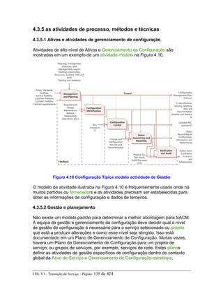 4.3.5 as atividades de processo, métodos e técnicas
4.3.5.1 Ativos e atividades de gerenciamento de configuração
Atividades de alto nível de Ativos e Gerenciamento da Configuração são
mostradas em um exemplo de um atividade modelo na Figura 4.10.
Figura 4.10 Configuração Típica modelo actividade de Gestão
O modelo de atividade ilustrada na Figura 4.10 é frequentemente usado onde há
muitos partidos ou fornecedors e as atividades precisam ser estabelecidas para
obter as informações de configuração e dados de terceiros.
4.3.5.2 Gestão e planejamento
Não existe um modelo padrão para determinar a melhor abordagem para SACM.
A equipa de gestão e gerenciamento de configuração deve decidir qual o nível
de gestão de configuração é necessário para o serviço selecionado ou projeto
que está a produzir alterações e como esse nível seja atingido. Isso está
documentado em um Plano de Gerenciamento de Configuração. Muitas vezes,
haverá um Plano de Gerenciamento de Configuração para um projeto de
serviço, ou grupos de serviços, por exemplo, serviços de rede. Estes planos
definir as atividades de gestão específicos de configuração dentro do contexto
global da Ativo de Serviço e Gerenciamento de Configuração estratégia.
ITIL V3 - Transição de Serviço - Página: 135 de 424
 