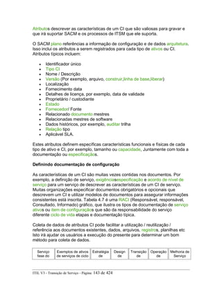Atributos descrever as características de um CI que são valiosas para gravar e
que irá suportar SACM e os processos de ITSM que ele suporta.
O SACM plano referências a informação de configuração e de dados arquitetura.
Isso inclui os atributos a serem registrados para cada tipo de ativos ou CI.
Atributos típicos incluem:
• Identificador único
• Tipo CI
• Nome / Descrição
• Versão (Por exemplo, arquivo, construir,linha de base,liberar)
• Localização
• Fornecimento data
• Detalhes de licença, por exemplo, data de validade
• Proprietário / custodiante
• Estado
• Fornecedor/ Fonte
• Relacionado documento mestres
• Relacionadas mestres de software
• Dados históricos, por exemplo, auditar trilha
• Relação tipo
• Aplicável SLA.
Estes atributos definem específicas características funcionais e físicas de cada
tipo de ativo e CI, por exemplo, tamanho ou capacidade, Juntamente com toda a
documentação ou especificaçãos.
Definindo documentação de configuração
As características de um CI são muitas vezes contidas nos documentos. Por
exemplo, a definição de serviço, exigênciasespecificação e acordo de nível de
serviço para um serviço de descrever as características de um CI de serviço.
Muitas organizações especificar documentos obrigatórios e opcionais que
descrevem um CI e utilizar modelos de documentos para assegurar informações
consistentes está inscrita. Tabela 4.7 é uma RACI (Responsável, responsável,
Consultado, Informado) gráfico, que ilustra os tipos de documentação de serviço
ativos ou item de configuraçãos que são da responsabilidade do serviço
diferente ciclo de vida etapas e documentação típica.
Coleta de dados de atributos CI pode facilitar a utilização / reutilização /
referência aos documentos existentes, dados, arquivos, registros, planilhas etc
Isto irá ajudar os usuários a execução do presente para determinar um bom
método para coleta de dados.
Serviço
fase do
Exemplos de ativos
de serviços de ciclo
Estratégia
de
Design
de
Transição
de
Operação
de
Melhoria de
Serviço
ITIL V3 - Transição de Serviço - Página: 143 de 424
 
