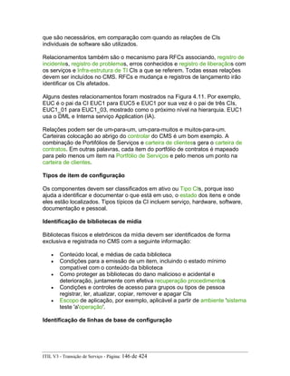 que são necessários, em comparação com quando as relações de CIs
individuais de software são utilizados.
Relacionamentos também são o mecanismo para RFCs associando, registro de
incidentes, registro de problemas, erros conhecidos e registro de liberaçãos com
os serviços e Infra-estrutura de TI CIs a que se referem. Todas essas relações
devem ser incluídos no CMS. RFCs e mudança e registros de lançamento irão
identificar os CIs afetados.
Alguns destes relacionamentos foram mostrados na Figura 4.11. Por exemplo,
EUC é o pai da CI EUC1 para EUC5 e EUC1 por sua vez é o pai de três CIs,
EUC1_01 para EUC1_03, mostrado como o próximo nível na hierarquia. EUC1
usa o DML e Interna serviço Application (IA).
Relações podem ser de um-para-um, um-para-muitos e muitos-para-um.
Carteiras colocação ao abrigo do controlar do CMS é um bom exemplo. A
combinação de Portifólios de Serviços e carteira de clientess gera o carteira de
contratos. Em outras palavras, cada item do portfólio de contratos é mapeado
para pelo menos um item na Portfólio de Serviços e pelo menos um ponto na
carteira de clientes.
Tipos de item de configuração
Os componentes devem ser classificados em ativo ou Tipo CIs, porque isso
ajuda a identificar e documentar o que está em uso, o estado dos itens e onde
eles estão localizados. Tipos típicos da CI incluem serviço, hardware, software,
documentação e pessoal.
Identificação de bibliotecas de mídia
Bibliotecas físicos e eletrônicos da mídia devem ser identificados de forma
exclusiva e registrada no CMS com a seguinte informação:
• Conteúdo local, e médias de cada biblioteca
• Condições para a emissão de um item, incluindo o estado mínimo
compatível com o conteúdo da biblioteca
• Como proteger as bibliotecas do dano malicioso e acidental e
deterioração, juntamente com efetiva recuperação procedimentos
• Condições e controles de acesso para grupos ou tipos de pessoa
registrar, ler, atualizar, copiar, remover e apagar CIs
• Escopo de aplicação, por exemplo, aplicável a partir de ambiente 'sistema
teste 'a'operação'.
Identificação de linhas de base de configuração
ITIL V3 - Transição de Serviço - Página: 146 de 424
 
