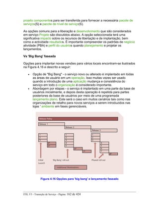projeto componentes para ser transferida para fornecer a necessária pacote de
serviços(S) e pacote de nível de serviço(S).
As opções comuns para a liberação e desenvolvimento que são considerados
em serviço Projeto são discutidos abaixo. A opção seleccionada terá uma
significativa impacto sobre os recursos de libertação e de implantação, bem
como a actividade resultados. É importante compreender os padrões de negócio
atividade (PBA) e perfil do usuários quando planejamento e projetar os
lançamentos.
Vs 'Big Bang' faseada
Opções para implantar novas versões para vários locais encontram-se ilustrados
na Figura 4.16 e descrito a seguir:
• Opção de "Big Bang" - o serviço novo ou alterado é implantado em todas
as áreas de usuário em um operação. Isso muitas vezes ser usado
quando a introdução de uma aplicação mudança e consistência do
serviço em todo o organização é considerado importante.
• Abordagem por etapas - o serviço é implantado em uma parte da base de
usuários inicialmente, e depois desta operação é repetida para partes
posteriores da base de usuários por meio de uma programada
lançamento plano. Este será o caso em muitos cenários tais como nas
organizações de retalho para novos serviços a serem introduzidos nas
lojas ' ambiente em fases gerenciáveis.
Figura 4.16 Opções para 'big bang' e lançamento faseado
ITIL V3 - Transição de Serviço - Página: 162 de 424
 