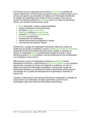 ELS fornece recursos adequados para resolver operacional e questões de
suporte rapidamente, central e local, para garantir que os usuários podem usar o
serviço para apoiar suas atividades de negócios sem interrupção injustificada.
As equipes de implantação deve analisar onde os usuários e recursos de
suporte irá enfrentar problemas e problemas, talvez com base na experiência
anterior, por exemplo esclarecimento, sobre:
• Papel atribuições, funções e responsabilidades
• Arranjos financeiros e de financiamento
• Compras e pedido cumprimento
• Segurança políticas e procedimentos
• Aumentar incidentes e mudar pedidos
• Escalada procedimentos
• Procedimento de reclamações
• Usando ferramentas de diagnóstico e ajudas
• Licenciamento de software. Regras
Durante ELS, a equipe de implantação implementa melhorias e resolve os
problemas que ajudam a estabilizar o serviço. O Melhoria de Serviço Continuada
publicação fornece informações relevantes sobre medição e melhorias no
serviço. A implantação recursos gradualmente desistir de prestar o apoio
adicional quando a usuários equipes e serviço familiarizar-se com as alterações
e os incidentes e riscos reduzir.
Métricas para o grupo de implantação de destino ou ambiente medida
desempenho do serviço, a performance do Serviço de Gestão de e os processos
operacionais e equipes eo número de incidentes e problemas, por tipo. O
objetivo da equipe de implantação é estabilizar o serviço para o grupo de
implantação de destino ou ambiente tão rápida e eficazmente quanto possível.
Um exemplo de um gráfico de desempenho de implantação é mostrado na
Figura 4.25.
Variação no desempenho entre grupos diferentes de implantação e unidades de
serviço devem ser analisadas e as lições aprendidas a partir de uma
implantação usado para melhorar distribuições subseqüentes.
ITIL V3 - Transição de Serviço - Página: 207 de 424
 