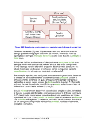 Figura 4.26 Modelos de serviço descrever a estrutura ea dinâmica de um serviço
O modelo de serviço (Figura 4.26) descreve a estrutura ea dinâmica de um
serviço que será entregue por operações de serviços, através do plano de
operações de serviços. Transição de Serviço avalia estes durante a validação e
teste fases.
Estrutura é definida em termos de núcleo particular e serviços de apoios e os
serviços necessários activos e os padrões em que eles estão configurados.
Como o serviço novo ou alterado é projetado, desenvolvido e construído, os
ativos de serviços são testadas e verificadas contra os requisitos e projeto
especificaçãos: é o ativo serviço construído corretamente?
Por exemplo, o projeto para serviços de armazenamento gerenciados devem ter
a entrada em ativos como cliente, tais como negócios aplicaçãos utilizam o
armazenamento, a maneira em que o armazenamento agrega valor para as
aplicações, e que os custos e riscos da cliente gostaria de evitar. A informação
sobre os riscos é de particular importância para serviço testando como isso vai
influenciar a cobertura dos testes e priorização.
Serviço modelos também descrevem a dinâmica de criação de valor. Atividades,
o fluxo de recursos, coordenação e interações descrever a dinâmica (ver Figura
4.27). Isso inclui a cooperação e comunicação entre os usuários de serviços e
agentes de serviços, como provedor de serviços pessoal, processos ou sistemas
que o usuário interage com, por exemplo, um menu de auto-serviço. A dinâmica
de um serviço incluem padrões de negócios atividade, Padrões de demanda,
exceções e variações.
ITIL V3 - Transição de Serviço - Página: 219 de 424
 