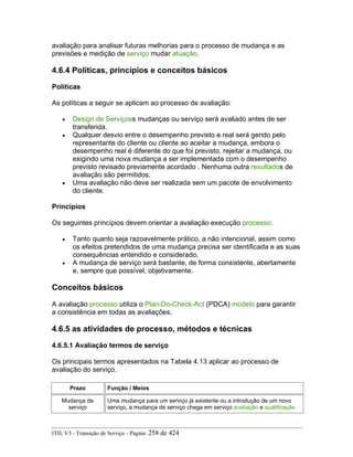 avaliação para analisar futuras melhorias para o processo de mudança e as
previsões e medição de serviço mudar atuação.
4.6.4 Políticas, princípios e conceitos básicos
Políticas
As políticas a seguir se aplicam ao processo de avaliação:
• Design de Serviçoss mudanças ou serviço será avaliado antes de ser
transferida.
• Qualquer desvio entre o desempenho previsto e real será gerido pelo
representante do cliente ou cliente ao aceitar a mudança, embora o
desempenho real é diferente do que foi previsto, rejeitar a mudança, ou
exigindo uma nova mudança a ser implementada com o desempenho
previsto revisado previamente acordado . Nenhuma outra resultados de
avaliação são permitidos.
• Uma avaliação não deve ser realizada sem um pacote de envolvimento
do cliente.
Princípios
Os seguintes princípios devem orientar a avaliação execução processo:
• Tanto quanto seja razoavelmente prático, a não intencional, assim como
os efeitos pretendidos de uma mudança precisa ser identificada e as suas
consequências entendido e considerado.
• A mudança de serviço será bastante, de forma consistente, abertamente
e, sempre que possível, objetivamente.
Conceitos básicos
A avaliação processo utiliza o Plan-Do-Check-Act (PDCA) modelo para garantir
a consistência em todas as avaliações.
4.6.5 as atividades de processo, métodos e técnicas
4.6.5.1 Avaliação termos de serviço
Os principais termos apresentados na Tabela 4.13 aplicar ao processo de
avaliação do serviço.
Prazo Função / Meios
Mudança de
serviço
Uma mudança para um serviço já existente ou a introdução de um novo
serviço, a mudança de serviço chega em serviço avaliação e qualificação
ITIL V3 - Transição de Serviço - Página: 258 de 424
 