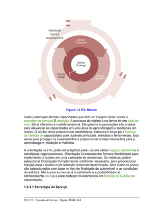 Figura 1.2 ITIL Núcleo
Cada publicação aborda capacidades que têm um impacto direto sobre a
provedor de serviços'S atuação. A estrutura do núcleo é na forma de um ciclo de
vida. Ele é interativo e multidimensional. Ele garante organizações são criadas
para alavancar as capacidades em uma área de aprendizagem e melhorias em
outras. O núcleo deve proporcionar estabilidade, estrutura e força para Serviço
de Gestão de capacidades com duráveis princípios, métodos e ferramentas. Isso
serve para proteger os investimentos e proporcionar a base necessária para a
aprendizagem, medição e melhoria.
A orientação na ITIL pode ser adaptado para uso em várias negócio ambientes e
estratégias organizacionais. Orientação Complementar fornece flexibilidade para
implementar o núcleo em uma variedade de ambientes. Os médicos podem
seleccionar Orientação Complementar conforme necessário, para proporcionar
tracção para o núcleo num contexto comercial determinada, bem como os pneus
são seleccionados com base no tipo de finalidade do automóvel, e as condições
da estrada. Isto é para aumentar a durabilidade e a portabilidade de
conhecimento ativoss e para proteger investimentos em Serviço de Gestão de
capacidades.
1.2.3.1 Estratégia de Serviço
ITIL V3 - Transição de Serviço - Página: 26 de 424
 
