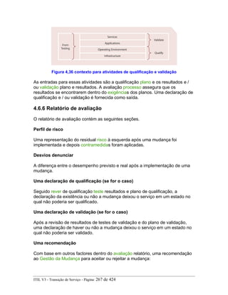 Figura 4,36 contexto para atividades de qualificação e validação
As entradas para essas atividades são a qualificação plano e os resultados e /
ou validação plano e resultados. A avaliação processo assegura que os
resultados se encontrarem dentro do exigências dos planos. Uma declaração de
qualificação e / ou validação é fornecida como saída.
4.6.6 Relatório de avaliação
O relatório de avaliação contém as seguintes seções.
Perfil de risco
Uma representação do residual risco à esquerda após uma mudança foi
implementada e depois contramedidas foram aplicadas.
Desvios denunciar
A diferença entre o desempenho previsto e real após a implementação de uma
mudança.
Uma declaração de qualificação (se for o caso)
Seguido rever de qualificação teste resultados e plano de qualificação, a
declaração da existência ou não a mudança deixou o serviço em um estado no
qual não poderia ser qualificado.
Uma declaração de validação (se for o caso)
Após a revisão de resultados de testes de validação e do plano de validação,
uma declaração de haver ou não a mudança deixou o serviço em um estado no
qual não poderia ser validado.
Uma recomendação
Com base em outros factores dentro do avaliação relatório, uma recomendação
ao Gestão da Mudança para aceitar ou rejeitar a mudança:
ITIL V3 - Transição de Serviço - Página: 267 de 424
 