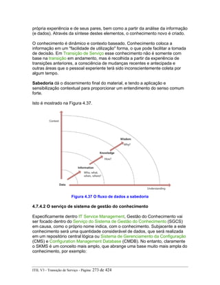 própria experiência e de seus pares, bem como a partir da análise da informação
(e dados). Através da síntese destes elementos, o conhecimento novo é criado.
O conhecimento é dinâmico e contexto baseado. Conhecimento coloca a
informação em um "facilidade de utilização" forma, o que pode facilitar a tomada
de decisão. Em Transição de Serviço esse conhecimento não é somente com
base na transição em andamento, mas é recolhida a partir da experiência de
transições anteriores, a consciência de mudanças recentes e antecipada e
outras áreas que o pessoal experiente terá sido inconscientemente coleta por
algum tempo.
Sabedoria dá o discernimento final do material, e tendo a aplicação e
sensibilização contextual para proporcionar um entendimento do senso comum
forte.
Isto é mostrado na Figura 4.37.
Figura 4.37 O fluxo de dados a sabedoria
4.7.4.2 O serviço de sistema de gestão do conhecimento
Especificamente dentro IT Service Management, Gestão do Conhecimento vai
ser focado dentro do Serviço do Sistema de Gestão do Conhecimento (SGCS)
em causa, como o próprio nome indica, com o conhecimento. Subjacente a este
conhecimento será uma quantidade considerável de dados, que será realizada
em um repositório central lógica ou Sistema de Gerenciamento da Configuração
(CMS) e Configuration Management Database (CMDB). No entanto, claramente
o SKMS é um conceito mais amplo, que abrange uma base muito mais ampla do
conhecimento, por exemplo:
ITIL V3 - Transição de Serviço - Página: 273 de 424
 