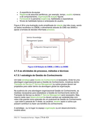 • A experiência da equipe
• Registros de assuntos periféricos, por exemplo, tempo, usuário números
e de comportamento, organização'S atuação figuras
• Fornecedors 'e parceiros exigências, habilidades e expectativas
• Níveis de habilidade típicos e antecipada do usuário.
Figura 4.38 é uma ilustração muito simplificada do relação dos três níveis, sendo
os dados recolhidos no CMDB, e alimentando através do CMS nas SKMS e
apoiar a tomada de decisão informada processo.
Figura 4.38 Relação do CMDB, o CMS e os SKMS
4.7.5 as atividades de processo, métodos e técnicas
4.7.5.1 estratégia de Gestão do Conhecimento
Um total estratégia para Gestão do Conhecimento é necessária. Onde há uma
abordagem organizacional para a Gestão do Conhecimento, iniciativas dentro
Transição de Serviço,IT Service Management ou outros grupos devem ser
projetados para caber dentro da abordagem global da organização.
Na ausência de uma abordagem organizacional Gestão do Conhecimento, as
medidas necessárias para estabelecer a Gestão do Conhecimento dentro de
Transição de Serviço ou dentro IT Service Management será necessário. Mas,
mesmo neste caso desenvolvimentos devem sempre ser estabelecidas com
vista à tão grande como extensão de um praticável de Gestão do Conhecimento
- que cobre o pessoal de TI direta, os usuários, terceiro apoio e outros que
possam contribuir ou fazer uso benéfico do conhecimento.
A estratégia - ou no lugar no espaço organização ou em desenvolvimento -
incidirá sobre:
ITIL V3 - Transição de Serviço - Página: 274 de 424
 