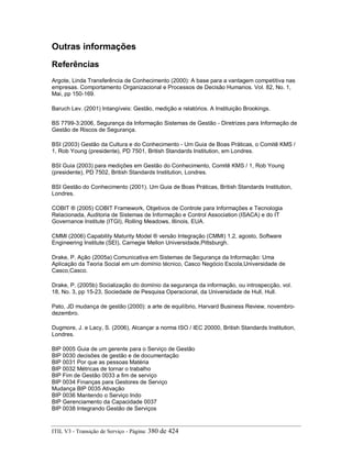 Outras informações
Referências
Argote, Linda Transferência de Conhecimento (2000): A base para a vantagem competitiva nas
empresas. Comportamento Organizacional e Processos de Decisão Humanos. Vol. 82, No. 1,
Mai, pp 150-169.
Baruch Lev. (2001) Intangíveis: Gestão, medição e relatórios. A Instituição Brookings.
BS 7799-3:2006, Segurança da Informação Sistemas de Gestão - Diretrizes para Informação de
Gestão de Riscos de Segurança.
BSI (2003) Gestão da Cultura e do Conhecimento - Um Guia de Boas Práticas, o Comitê KMS /
1, Rob Young (presidente), PD 7501, British Standards Institution, em Londres.
BSI Guia (2003) para medições em Gestão do Conhecimento, Comitê KMS / 1, Rob Young
(presidente), PD 7502, British Standards Institution, Londres.
BSI Gestão do Conhecimento (2001). Um Guia de Boas Práticas, British Standards Institution,
Londres.
COBIT ® (2005) COBIT Framework, Objetivos de Controle para Informações e Tecnologia
Relacionada, Auditoria de Sistemas de Informação e Control Association (ISACA) e do IT
Governance Institute (ITGI), Rolling Meadows, Illinois, EUA.
CMMI (2006) Capability Maturity Model ® versão Integração (CMMI) 1.2, agosto, Software
Engineering Institute (SEI), Carnegie Mellon Universidade,Pittsburgh.
Drake, P. Ação (2005a) Comunicativa em Sistemas de Segurança da Informação: Uma
Aplicação da Teoria Social em um domínio técnico, Casco Negócio Escola,Universidade de
Casco,Casco.
Drake, P. (2005b) Socialização do domínio da segurança da informação, ou introspecção, vol.
18, No. 3, pp 15-23, Sociedade de Pesquisa Operacional, da Universidade de Hull, Hull.
Pato, JD mudança de gestão (2000): a arte de equilíbrio, Harvard Business Review, novembro-
dezembro.
Dugmore, J. e Lacy, S. (2006), Alcançar a norma ISO / IEC 20000, British Standards Institution,
Londres.
BIP 0005 Guia de um gerente para o Serviço de Gestão
BIP 0030 decisões de gestão e de documentação
BIP 0031 Por que as pessoas Matéria
BIP 0032 Métricas de tornar o trabalho
BIP Fim de Gestão 0033 a fim de serviço
BIP 0034 Finanças para Gestores de Serviço
Mudança BIP 0035 Ativação
BIP 0036 Mantendo o Serviço Indo
BIP Gerenciamento da Capacidade 0037
BIP 0038 Integrando Gestão de Serviços
ITIL V3 - Transição de Serviço - Página: 380 de 424
 