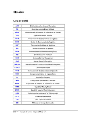 Glossário
Lista de siglas
ACD Distribuição Automática de Chamadas
AM Gerenciamento de Disponibilidade
AMIS Disponibilidade do Sistema de Informação de Gestão
ASP Application Service Provider
BCM Gerenciamento da Capacidade de negócios
BCM Gestão de Continuidade de Negócios
BCP Plano de Continuidade de Negócios
BIA Análise de Impacto no Negócio
BRM Gerente de Relacionamento de Negócios
BSI British Standards Institution
BSM Business Service Management
CAB Alterar Conselho Consultivo
CAB / CE Alterar Conselho Consultivo / Comitê de Emergência
CAPEX Despesas de Capital
CCM Gerenciamento da Capacidade componente
CFIA Componente Análise de Impacto falha
CI Item de Configuração
CMDB Configuration Management Database
CMIS Capacidade do Sistema de Informação de Gestão
CMM Capability Maturity Model
CMMI Capability Maturity Model Integration
CMS Sistema de Gerenciamento da Configuração
COTS Comercial da Prateleira
CSF Fator Crítico de Sucesso
CSI Melhoria de Serviço Continuada
ITIL V3 - Transição de Serviço - Página: 383 de 424
 