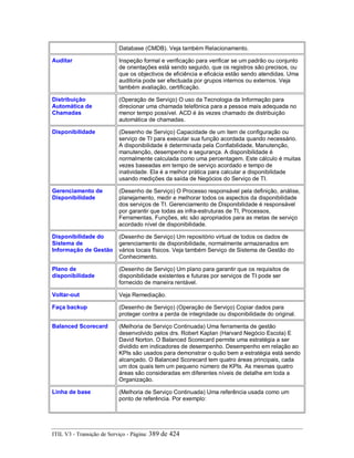 Database (CMDB). Veja também Relacionamento.
Auditar Inspeção formal e verificação para verificar se um padrão ou conjunto
de orientações está sendo seguido, que os registros são precisos, ou
que os objectivos de eficiência e eficácia estão sendo atendidas. Uma
auditoria pode ser efectuada por grupos internos ou externos. Veja
também avaliação, certificação.
Distribuição
Automática de
Chamadas
(Operação de Serviço) O uso da Tecnologia da Informação para
direcionar uma chamada telefónica para a pessoa mais adequada no
menor tempo possível. ACD é às vezes chamado de distribuição
automática de chamadas.
Disponibilidade (Desenho de Serviço) Capacidade de um item de configuração ou
serviço de TI para executar sua função acordada quando necessário.
A disponibilidade é determinada pela Confiabilidade, Manutenção,
manutenção, desempenho e segurança. A disponibilidade é
normalmente calculada como uma percentagem. Este cálculo é muitas
vezes baseadas em tempo de serviço acordado e tempo de
inatividade. Ela é a melhor prática para calcular a disponibilidade
usando medições da saída de Negócios do Serviço de TI.
Gerenciamento de
Disponibilidade
(Desenho de Serviço) O Processo responsável pela definição, análise,
planejamento, medir e melhorar todos os aspectos da disponibilidade
dos serviços de TI. Gerenciamento de Disponibilidade é responsável
por garantir que todas as infra-estruturas de TI, Processos,
Ferramentas, Funções, etc são apropriados para as metas de serviço
acordado nível de disponibilidade.
Disponibilidade do
Sistema de
Informação de Gestão
(Desenho de Serviço) Um repositório virtual de todos os dados de
gerenciamento de disponibilidade, normalmente armazenados em
vários locais físicos. Veja também Serviço de Sistema de Gestão do
Conhecimento.
Plano de
disponibilidade
(Desenho de Serviço) Um plano para garantir que os requisitos de
disponibilidade existentes e futuras por serviços de TI pode ser
fornecido de maneira rentável.
Voltar-out Veja Remediação.
Faça backup (Desenho de Serviço) (Operação de Serviço) Copiar dados para
proteger contra a perda de integridade ou disponibilidade do original.
Balanced Scorecard (Melhoria de Serviço Continuada) Uma ferramenta de gestão
desenvolvido pelos drs. Robert Kaplan (Harvard Negócio Escola) E
David Norton. O Balanced Scorecard permite uma estratégia a ser
dividido em indicadores de desempenho. Desempenho em relação ao
KPIs são usados para demonstrar o quão bem a estratégia está sendo
alcançado. O Balanced Scorecard tem quatro áreas principais, cada
um dos quais tem um pequeno número de KPIs. As mesmas quatro
áreas são consideradas em diferentes níveis de detalhe em toda a
Organização.
Linha de base (Melhoria de Serviço Continuada) Uma referência usada como um
ponto de referência. Por exemplo:
ITIL V3 - Transição de Serviço - Página: 389 de 424
 