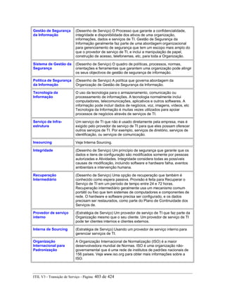 Gestão de Segurança
da Informação
(Desenho de Serviço) O Processo que garante a confidencialidade,
integridade e disponibilidade dos ativos de uma organização,
informações, dados e serviços de TI. Gestão de Segurança da
Informação geralmente faz parte de uma abordagem organizacional
para gerenciamento de segurança que tem um escopo mais amplo do
que o provedor de serviço de TI, e inclui a manipulação de papel,
construção de acesso, telefonemas, etc, para toda a Organização.
Sistema de Gestão da
Segurança
(Desenho de Serviço) O quadro de políticas, processos, normas,
orientações e ferramentas que garantem uma organização pode atingir
os seus objectivos de gestão de segurança de informação.
Política de Segurança
da Informação
(Desenho de Serviço) A política que governa abordagem da
Organização de Gestão de Segurança da Informação.
Tecnologia da
Informação
O uso da tecnologia para o armazenamento, comunicação ou
processamento de informações. A tecnologia normalmente inclui
computadores, telecomunicações, aplicativos e outros softwares. A
informação pode incluir dados de negócios, voz, imagens, vídeos, etc
Tecnologia da Informação é muitas vezes utilizados para apoiar
processos de negócios através de serviços de TI.
Serviço de Infra-
estrutura
Um serviço de TI que não é usado diretamente pela empresa, mas é
exigido pelo provedor de serviço de TI para que eles possam oferecer
outros serviços de TI. Por exemplo, serviços de diretório, serviços de
identificação, ou serviços de comunicação.
Insourcing Veja Interna Sourcing.
Integridade (Desenho de Serviço) Um princípio de segurança que garante que os
dados e itens de configuração são modificados somente por pessoas
autorizadas e Atividades. Integridade considera todas as possíveis
causas de modificação, incluindo software e hardware falha, eventos
ambientais e intervenção humana.
Recuperação
Intermediário
(Desenho de Serviço) Uma opção de recuperação que também é
conhecido como espera passiva. Provisão é feita para Recuperar o
Serviço de TI em um período de tempo entre 24 e 72 horas.
Recuperação intermediário geralmente usa um mecanismo comum
portátil ou fixo que tem sistemas de computadores e componentes de
rede. O hardware e software precisa ser configurado, e os dados
precisam ser restaurados, como parte do Plano de Continuidade dos
Serviços de.
Provedor de serviço
interno
(Estratégia de Serviço) Um provedor de serviço de TI que faz parte da
Organização mesmo que o seu cliente. Um provedor de serviço de TI
pode ter clientes internos e clientes externos.
Interna de Sourcing (Estratégia de Serviço) Usando um provedor de serviço interno para
gerenciar serviços de TI.
Organização
Internacional para
Padronização
A Organização Internacional de Normalização (ISO) é a maior
desenvolvedora mundial de Normas. ISO é uma organização não-
governamental que é uma rede de institutos de padrões nacionais de
156 países. Veja www.iso.org para obter mais informações sobre a
ISO.
ITIL V3 - Transição de Serviço - Página: 403 de 424
 