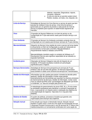 detectar, responder, Diagnosticar, reparar,
recuperar, restaurar
• O ciclo de vida de um servidor podem incluir:
Pedido, recebeu, em teste, vivo, disposto, etc
Linha de Serviço (Estratégia de Serviço) Um Core Service ou serviço de apoio que tem
pacotes de múltiplos níveis de serviço. Uma linha de serviço é
gerenciado por um gerente de produto e cada pacote de nível de
serviço é projetado para suportar um determinado segmento de
mercado.
Viver (Transição de Serviço) Refere-se a um item de serviço ou de
configuração de TI que está sendo usado para fornecer serviço a um
cliente.
Viver Ambiente (Transição de Serviço) Um Ambiente controlado contendo itens de
configuração ao vivo usados para fornecer serviços de TI para clientes.
Manutenibilidade (Desenho de Serviço) Uma medida de como o serviço de forma rápida
e eficazmente um Item de Configuração ou pode ser restaurado ao
funcionamento normal após uma falha. Manutenibilidade é
frequentemente medido e relatado como MTRS.
Manutenibilidade é também usado no contexto de Software ou IT
Development Service para significar capacidade de ser alterado ou
reparado facilmente.
Incidente grave (Operação de Serviço) Categoria mais alto de Impacto de um
Incidente. A Principais resultados incidente em perturbação
significativa para o negócio.
Serviços Gerenciados (Estratégia de Serviço) Uma perspectiva em serviços de TI que
enfatiza o fato de que eles são geridos. Os Serviços Gerenciados
prazo também é usado como sinônimo de serviços de TI terceirizados.
Gestão da Informação Informações que são usadas para apoiar a tomada de decisão pelos
gestores. Gestão da informação é muitas vezes gerado
automaticamente por ferramentas que suportam os diversos processos
de Gerenciamento de Serviços. Gestão da Informação, muitas vezes
inclui os valores de KPIs como "porcentagem de alterações que levam
a incidentes", ou "taxa de correção pela primeira vez".
Gestão de Risco A metodologia de gerenciamento de riscos OGC. M_o_R inclui todas
as atividades necessárias para identificar e controlar a exposição ao
risco, o que pode ter um impacto sobre a realização dos objetivos de
uma organização de negócios. Veja www.m-o-r.org para mais
detalhes.
Sistema de Gestão O quadro de políticas, processos e funções que garante uma
organização pode alcançar seus objetivos.
Solução manual Uma solução que requer a intervenção manual. Solução manual
também é usado como o nome de uma opção de recuperação em que
o Business Process Funciona sem o uso de serviços de TI. Esta é uma
medida temporária e é normalmente combinada com outra opção de
ITIL V3 - Transição de Serviço - Página: 406 de 424
 