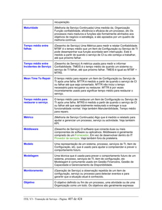 recuperação.
Maturidade (Melhoria de Serviço Continuada) Uma medida da, Organização
Função confiabilidade, eficiência e eficácia de um processo, etc Os
processos mais maduros e funções são formalmente alinhados aos
objetivos de negócio e estratégia, e são apoiados por um quadro de
melhoria contínua.
Tempo médio entre
falhas
(Desenho de Serviço) Uma Métrica para medir e relatar Confiabilidade.
MTBF é o tempo médio que um Item de Configuração ou Serviço de TI
pode desempenhar sua função acordada sem interrupção. Este é
medido a partir de quando o serviço de CI ou ele começa a trabalhar,
até que próximo falhar.
Tempo médio entre
Incidentes de Serviço
(Desenho de Serviço) A métrica usada para medir e informar
Confiabilidade. TMEIS é o tempo médio de quando um sistema ou
serviço de TI falhar, até que próximo falhar. TMEIS é igual ao MTBF +
MTRS.
Mean Time To Repair O tempo médio para reparar um Item de Configuração ou Serviço de
TI após uma falha. MTTR é medido a partir de quando o serviço de CI
ou falhar até que seja consertado. MTTR não inclui o tempo
necessário para recuperar ou restaurar. MTTR é por vezes
incorretamente usado para significar tempo médio para restaurar o
serviço.
Tempo médio para
restaurar o serviço
O tempo médio para restaurar um Item de Configuração ou Serviço de
TI após uma falha. MTRS é medido a partir de quando o serviço de CI
ou falhar até que seja totalmente restaurado e entregar a sua
funcionalidade normal. Veja também Manutenibilidade, Tempo médio
para reparo.
Métrico (Melhoria de Serviço Continuada) Algo que é medido e relatado para
ajudar a gerenciar um processo, serviço ou actividade. Veja também
KPI.
Middleware (Desenho de Serviço) O software que conecta duas ou mais
componentes de software ou aplicativos. Middleware é geralmente
comprado de um Fornecedor, Em vez de desenvolver dentro do IT
Provedor de serviços. Veja também fora da prateleira.
Modelo Uma representação de um sistema, processo, serviços de TI, Item de
Configuração, etc, que é usado para ajudar a compreender e prever o
comportamento futuro.
Modelagem Uma técnica que é usada para prever o comportamento futuro de um
sistema, processo, serviços de TI, item de configuração, etc
Modelagem é comumente usado em Gestão Financeira, Gestão de
Capacidade e Gerenciamento da Disponibilidade.
Monitoramento (Operação de Serviço) a observação repetida de um item de
configuração, serviço ou processo para detectar eventos e para
garantir que a situação atual é conhecido.
Objetivo O objetivo definido ou fim de um processo, uma atividade ou de uma
Organização como um todo. Os objetivos são geralmente expressa
ITIL V3 - Transição de Serviço - Página: 407 de 424
 