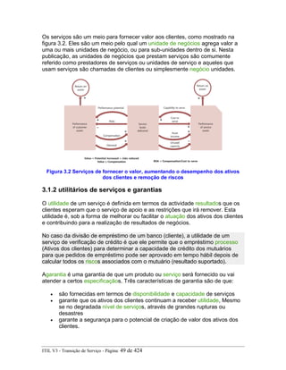 Os serviços são um meio para fornecer valor aos clientes, como mostrado na
figura 3.2. Eles são um meio pelo qual um unidade de negócios agrega valor a
uma ou mais unidades de negócio, ou para sub-unidades dentro de si. Nesta
publicação, as unidades de negócios que prestam serviços são comumente
referido como prestadores de serviços ou unidades de serviço e aqueles que
usam serviços são chamadas de clientes ou simplesmente negócio unidades.
Figura 3.2 Serviços de fornecer o valor, aumentando o desempenho dos ativos
dos clientes e remoção de riscos
3.1.2 utilitários de serviços e garantias
O utilidade de um serviço é definida em termos da actividade resultados que os
clientes esperam que o serviço de apoio e as restrições que irá remover. Esta
utilidade é, sob a forma de melhorar ou facilitar o atuação dos ativos dos clientes
e contribuindo para a realização de resultados de negócios.
No caso da divisão de empréstimo de um banco (cliente), a utilidade de um
serviço de verificação de crédito é que ele permite que o empréstimo processo
(Ativos dos clientes) para determinar a capacidade de crédito dos mutuários
para que pedidos de empréstimo pode ser aprovado em tempo hábil depois de
calcular todos os riscos associados com o mutuário (resultado suportado).
Agarantia é uma garantia de que um produto ou serviço será fornecido ou vai
atender a certos especificaçãos. Três características de garantia são de que:
• são fornecidas em termos de disponibilidade e capacidade de serviços
• garante que os ativos dos clientes continuam a receber utilidade, Mesmo
se no degradada nível de serviços, através de grandes rupturas ou
desastres
• garante a segurança para o potencial de criação de valor dos ativos dos
clientes.
ITIL V3 - Transição de Serviço - Página: 49 de 424
 
