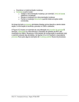 • Coordenar a implementação mudança
• Comente e perto mudar:
• Cotejar a documentação mudança, por exemplo, linha de bases
relatórios e avaliação
• Reveja a mudança (s) e documentação mudança
• Fechar a mudança documento quando todas as ações estão
concluídas.
Ao longo de todo o processo atividades listadas acima descrito e dentro desta
seção, a informação é recolhida, gravada no CMS e relatados.
A Figura 4.2 mostra um exemplo de uma alteração na provedor de serviços'S
serviços, aplicaçãos ou infra-estrutura. Exemplos de estados da RFC são
mostrados em itálico. Mudança e informações de configuração é atualizado todo
o caminho através das atividades. As figuras 4.3 e 4.4 mostram o equivalente
processo fluxo para alguns exemplos de mudança padrão fluxos de processos.
ITIL V3 - Transição de Serviço - Página: 93 de 424
 