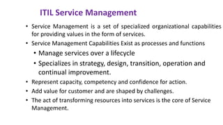 • Service Management is a set of specialized organizational capabilities
for providing values in the form of services.
• Service Management Capabilities Exist as processes and functions
• Manage services over a lifecycle
• Specializes in strategy, design, transition, operation and
continual improvement.
• Represent capacity, competency and confidence for action.
• Add value for customer and are shaped by challenges.
• The act of transforming resources into services is the core of Service
Management.
ITIL Service Management
 
