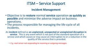 ITSM – Service Support
Incident Management
• Objective is to restore normal service operation as quickly as
possible and minimize the adverse impact on business
operations.
• The process responsible for managing the life-cycle of all
incidents.
An incident defined as an unplanned, unexpected or unexplained disruption in
service. This is any event which is not part of the standard operation of a
service and which causes or may cause an interruption to or a reduction in the
quality of the service that is provided.
• E.g. mail server not responding to incoming or outgoing messages.
 
