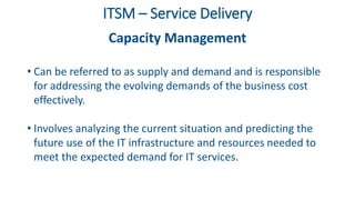 ITSM – Service Delivery
Capacity Management
• Can be referred to as supply and demand and is responsible
for addressing the evolving demands of the business cost
effectively.
• Involves analyzing the current situation and predicting the
future use of the IT infrastructure and resources needed to
meet the expected demand for IT services.
 
