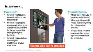 © Copyright 2014 Hewlett-Packard Development Company, L.P. The information contained herein is subject to change without notice. 
So, tomorrow… 
If you are in IT, 
•How will you focus on the core and consume the context? 
•How will you prepare your organization to be in the trenches with the business, supporting them growing the business 
•How will you participate in the digital enablement of your enterprise 
If you are in Business, 
•Where can IT help you in growing the business? 
•What new things could you do by cleverly using the technologies available 
•Are you ready to use IT as your advisor in the digital enablement of the enterprise 
The 2020 CIO is the CTO of the CEO  