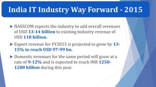 India IT Industry Way Forward - 2015
 NASSCOM expects the industry to add overall revenues
of USD 13-14 billion to existing Industry revenue of
USD 118 billion.
 Export revenue for FY2015 is projected to grow by 13-
15% to reach USD 97-99 bn.
 Domestic revenues for the same period will grow at a
rate of 9-12% and is expected to reach INR 1250-
1280 billion during this year.
 