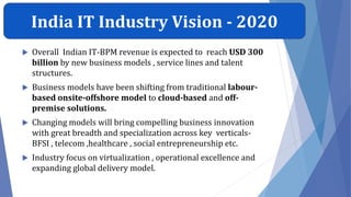 India IT Industry Vision - 2020
 Overall Indian IT-BPM revenue is expected to reach USD 300
billion by new business models , service lines and talent
structures.
 Business models have been shifting from traditional labour-
based onsite-offshore model to cloud-based and off-
premise solutions.
 Changing models will bring compelling business innovation
with great breadth and specialization across key verticals-
BFSI , telecom ,healthcare , social entrepreneurship etc.
 Industry focus on virtualization , operational excellence and
expanding global delivery model.
 