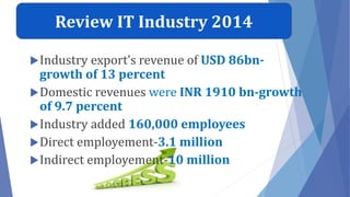 Industry export’s revenue of USD 86bn-
growth of 13 percent
Domestic revenues were INR 1910 bn-growth
of 9.7 percent
Industry added 160,000 employees
Direct employement-3.1 million
Indirect employement-10 million
Review IT Industry 2014
 