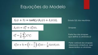 Equações do Modelo
Estado S(t) dos neurônios
Sinapses
Parte fixa das sinapses
que define os atratores ξμ
Parte variável das sinapses
(depressão sináptica), que
desestabiliza os atratores.
 