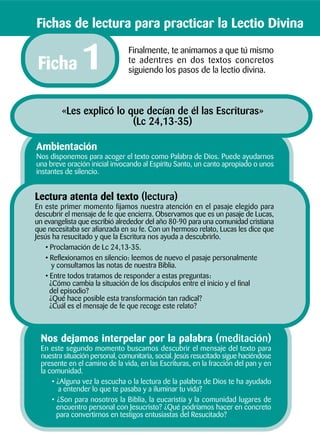 Nos dejamos interpelar por la palabra (meditación)
En este segundo momento buscamos descubrir el mensaje del texto para
nuestra situación personal, comunitaria, social. Jesús resucitado sigue haciéndose
presente en el camino de la vida, en las Escrituras, en la fracción del pan y en
la comunidad.
• ¿Alguna vez la escucha o la lectura de la palabra de Dios te ha ayudado
a entender lo que te pasaba y a iluminar tu vida?
• ¿Son para nosotros la Biblia, la eucaristía y la comunidad lugares de
encuentro personal con Jesucristo? ¿Qué podríamos hacer en concreto
para convertirnos en testigos entusiastas del Resucitado?
Lectura atenta del texto (lectura)
En este primer momento fijamos nuestra atención en el pasaje elegido para
descubrir el mensaje de fe que encierra. Observamos que es un pasaje de Lucas,
un evangelista que escribió alrededor del año 80-90 para una comunidad cristiana
que necesitaba ser afianzada en su fe. Con un hermoso relato, Lucas les dice que
Jesús ha resucitado y que la Escritura nos ayuda a descubrirlo.
• Proclamación de Lc 24,13-35.
• Reflexionamos en silencio: leemos de nuevo el pasaje personalmente
y consultamos las notas de nuestra Biblia.
• Entre todos tratamos de responder a estas preguntas:
¿Cómo cambia la situación de los discípulos entre el inicio y el final
del episodio?
¿Qué hace posible esta transformación tan radical?
¿Cuál es el mensaje de fe que recoge este relato?
Ambientación
Nos disponemos para acoger el texto como Palabra de Dios. Puede ayudarnos
una breve oración inicial invocando al Espíritu Santo, un canto apropiado o unos
instantes de silencio.
Finalmente, te animamos a que tú mismo
te adentres en dos textos concretos
siguiendo los pasos de la lectio divina.
Fichas de lectura para practicar la Lectio Divina
«Les explicó lo que decían de él las Escrituras»
(Lc 24,13-35)
Ficha 1
 