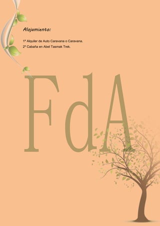 Alojamiento:
1º Alquiler de Auto Caravana o Caravana.
2º Cabaña en Abel Tasmak Trek.
 