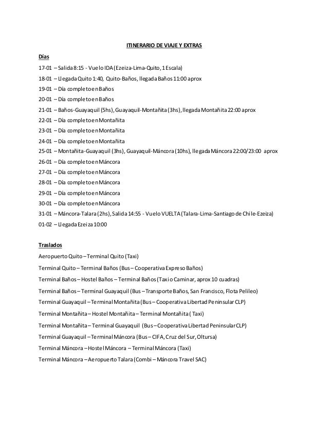itinerario de viaje y extras
