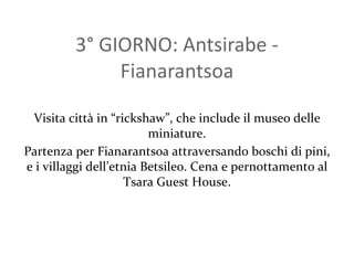 3° GIORNO: Antsirabe - Fianarantsoa Visita città in “rickshaw”, che include il museo delle miniature. Partenza per Fianarantsoa attraversando boschi di pini, e i villaggi dell’etnia Betsileo. Cena e pernottamento al Tsara Guest House. 