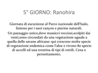 5° GIORNO: Ranohira Giornata di escursione al Parco nazionale dell’Isalo, famoso per i suoi canyon e piscine naturali. Un paesaggio unico,dove massicci rocciosi,scolpiti dai venti,sono circondati da una vegetazione uguale a quella delle savane africane: qui crescono molte specie di vegetazione endemica come l’aloe e vivono 80 specie di uccelli ed una trentina di tipi di rettili. Cena e pernottamento. 