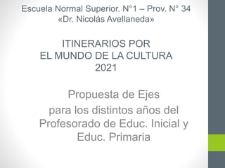 Escuela Normal Superior. N°1 – Prov. N° 34
«Dr. Nicolás Avellaneda»
ITINERARIOS POR
EL MUNDO DE LA CULTURA
2021
Propuesta de Ejes
para los distintos años del
Profesorado de Educ. Inicial y
Educ. Primaria
 