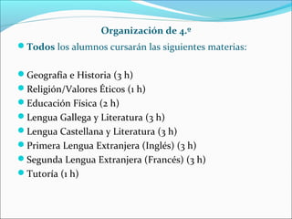 Organización de 4.º
Todos los alumnos cursarán las siguientes materias:
Geografía e Historia (3 h)
Religión/Valores Éticos (1 h)
Educación Física (2 h)
Lengua Gallega y Literatura (3 h)
Lengua Castellana y Literatura (3 h)
Primera Lengua Extranjera (Inglés) (3 h)
Segunda Lengua Extranjera (Francés) (3 h)
Tutoría (1 h)
 