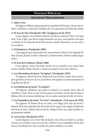 Figuras Bíblicas
                      Antiguo Testamento
1- Adán y Eva:
     Dos figuras bíblicas representando la expulsión del Paraíso. Llevan dos ár-
boles, el del bien y el del mal. Desfilan sólo en la procesión del Miércoles Santo.
2- El Arca de Noé: (Fundación 1967, las figuras son de 1972)
     Cuatro figuras con atributos alusivos al diluvio universal. Noé y sus hijos
Sem, Cam y Jafet, que llevan respectivamente un arca, una paloma viva (que
es soltada en el momento de las Reverencias a Jesús Nazareno), un arco iris y
un sacrificio.
3- El Pentateuco: (Fundación 1983)
     Cinco figuras que representan los cinco primeros Libros de la Sagrada Bi-
blia: Génesis, Éxodo, Levítico, Números y Deuteronomio. Portan sendos perga-
minos.
4- El Arca de la Alianza: (Desde 1986)
     Cinco figuras: Sumo Sacerdote Aarón con un cayado y sus cuatro hijos
levitas: Nadab, Abihú, Eleazar y Tamar portando el Arca de la Alianza.
5- Los Libertadores de Israel, “la Espina”: (Fundación 1959)
     Tres figuras: Moisés lleva las tablas de la Ley de Dios; Aarón, Sumo Sacer-
dote que lleva un becerro de oro; Josué lleva una espada y escudo rematado con
la grabación del sol.
6- Los Patriarcas de Israel, “La Espina”:
    Tres figuras: Abraham, que porta un puñal y un cayado; Isaac, hijo de
Abraham y Sara, lleva un haz de leña para el sacrificio; Jacob, hijo de Isaac y
Rebeca, lleva la escalera celestial que vio en sueños uniendo el cielo y la tierra.
7- Los Fundadores de Israel, “La Cruz”: (Fundación 22 de enero de 1978)
    Tres figuras: El Faraón lleva un cetro y un látigo; José, hijo de Jacob y
Raquel, lleva una reproducción del sueño de las vacas y las espigas; Benjamín,
hermano de José y último hijo de Jacob y Raquel, lleva una copa de plata su-
puestamente robada.
8- Los Levitas: (Fundación 1971)
    Cuatro figuras: Leví, tercer hijo de Jacob y Lía, lleva un bastón y sus hijos
Gersón, con un libro, Caat con una lira y Merari con el candelabro de los siete
brazos. Escoltadas por una escuadra de cuatro soldados y un cabo.
                                      - 14 -
 