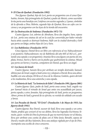 9- El Clan de Quehat: (Fundación 1992)
     Tres figuras: Quehat, hijo de Leví, porta un pergamino con el censo Que-
hatita; Anram, hijo primogénito de Quehat y padre de Moisés, como sacerdote
levita porta una bandeja con 2 ánforas con aceites sagrados y 3 panes, símbolos
de la ofrenda a Dios; Hebrón, segundo hijo de Quehat, lleva un cofre con in-
cienso y un pergamino con las leyes de la tienda del encuentro.
10- La Destrucción de Sodoma: (Fundación 1972-73)
    Cuatro figuras: Lot, sobrino de Abraham, lleva dos ángeles; Sara, esposa
de Lot, porta una estatua de sal en la cual fue convertida por haber mirado
hacia atrás cuando se destruyó Sodoma; Nefit con la ciudad destruida y Setil
que porta un látigo, ambas hijas de Lot y Sara.
11- Los Babilonios: (Fundación 1973)
     Cinco figuras: Daniel lleva un libro con referencia al rey Nabucodonosor
y un puntero; Nabucodonosor, rey de Babilonia del año 605 al 562 a.C., por-
tando una espada y un pergamino; Ananías lleva una figura con partes de oro,
plata, bronce, hierro y barro con la piedra que quebrantará la estatua; Misael
que porta un horno y Azarías, compañero de Daniel, que lleva un ángel.
12- Los Jueces de Israel:
     Cuatro figuras: Sansón lleva por atributo un templo destruido; Samuel,
último juez de Israel, ungió a Saúl como rey y después a David, lleva una almo-
hadilla con una almeja; Elí lleva el Arca de la Alianza; Gedeón, quien derrotó
a los madianitas, lleva una antorcha y una espada.
13- La Historia de Saúl, ”La Sentencia de Edón”: (Fundación 1991, figuras 2001)
     Cuatro figuras: Quis, padre de Saúl, porta unas asnas; Saúl, ungido rey
por Samuel inicia el reinado de Israel que antes era acaudillado por jueces,
porta espada y cetro; Jonatán, hijo primogénito de Saúl, porta un pergamino;
Abner, primo de Saúl y general de su ejército, va vestido de soldado con escudo
y lanza.
14- Los Pecados de David, “El Cirio”: (Fundación 1 de Mayo de 1933, las
figuras desde 1941)
     Cuatro figuras: Rey David, sucesor de Saúl, lleva una espada y un cetro;
Natán, profeta que censuró al rey sus delitos, lleva las Sagradas Escrituras; Si-
meón, quien recibió de Dios la promesa de que no moriría hasta ver al Mesías,
lleva por atributo una cunita de plata con el Niño Jesús; Betsabé, esposa de
David y madre del Rey Salomón, lleva una atalaya vigilada por el ojo de Dios.
Acompaña una escolta de cinco coraceros.
                                     - 15 -
 