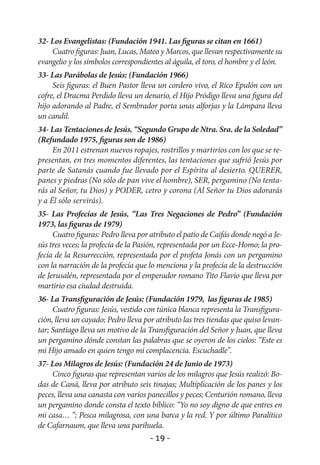 32- Los Evangelistas: (Fundación 1941. Las figuras se citan en 1661)
    Cuatro figuras: Juan, Lucas, Mateo y Marcos, que llevan respectivamente su
evangelio y los símbolos correspondientes al águila, el toro, el hombre y el león.
33- Las Parábolas de Jesús: (Fundación 1966)
     Seis figuras: el Buen Pastor lleva un cordero vivo, el Rico Epulón con un
cofre, el Dracma Perdido lleva un denario, el Hijo Pródigo lleva una figura del
hijo adorando al Padre, el Sembrador porta unas alforjas y la Lámpara lleva
un candil.
34- Las Tentaciones de Jesús, “Segundo Grupo de Ntra. Sra. de la Soledad”
(Refundado 1975, figuras son de 1986)
     En 2011 estrenan nuevos ropajes, rostrillos y martirios con los que se re-
presentan, en tres momentos diferentes, las tentaciones que sufrió Jesús por
parte de Satanás cuando fue llevado por el Espíritu al desierto. QUERER,
panes y piedras (No sólo de pan vive el hombre), SER, pergamino (No tenta-
rás al Señor, tu Dios) y PODER, cetro y corona (Al Señor tu Dios adorarás
y a Él sólo servirás).
35- Las Profecías de Jesús, “Las Tres Negaciones de Pedro” (Fundación
1973, las figuras de 1979)
     Cuatro figuras: Pedro lleva por atributo el patio de Caifás donde negó a Je-
sús tres veces; la profecía de la Pasión, representada por un Ecce-Homo; la pro-
fecía de la Resurrección, representada por el profeta Jonás con un pergamino
con la narración de la profecía que lo menciona y la profecía de la destrucción
de Jerusalén, representada por el emperador romano Tito Flavio que lleva por
martirio esa ciudad destruida.
36- La Transfiguración de Jesús: (Fundación 1979, las figuras de 1985)
     Cuatro figuras: Jesús, vestido con túnica blanca representa la Transfigura-
ción, lleva un cayado; Pedro lleva por atributo las tres tiendas que quiso levan-
tar; Santiago lleva un motivo de la Transfiguración del Señor y Juan, que lleva
un pergamino dónde constan las palabras que se oyeron de los cielos: “Este es
mi Hijo amado en quien tengo mi complacencia. Escuchadle”.
37- Los Milagros de Jesús: (Fundación 24 de Junio de 1973)
    Cinco figuras que representan varios de los milagros que Jesús realizó: Bo-
das de Caná, lleva por atributo seis tinajas; Multiplicación de los panes y los
peces, lleva una canasta con varios panecillos y peces; Centurión romano, lleva
un pergamino donde consta el texto bíblico: “Yo no soy digno de que entres en
mi casa… “; Pesca milagrosa, con una barca y la red. Y por último Paralítico
de Cafarnaum, que lleva una parihuela.
                                     - 19 -
 
