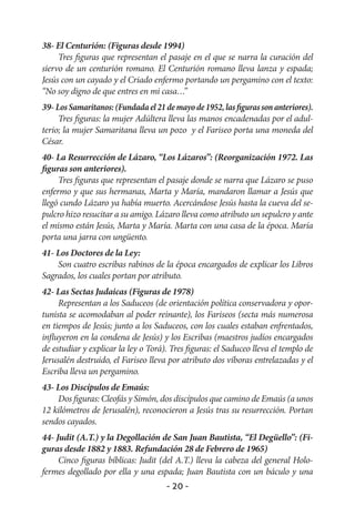 38- El Centurión: (Figuras desde 1994)
     Tres figuras que representan el pasaje en el que se narra la curación del
siervo de un centurión romano. El Centurión romano lleva lanza y espada;
Jesús con un cayado y el Criado enfermo portando un pergamino con el texto:
“No soy digno de que entres en mi casa…”
39- Los Samaritanos: (Fundada el 21 de mayo de 1952, las figuras son anteriores).
     Tres figuras: la mujer Adúltera lleva las manos encadenadas por el adul-
terio; la mujer Samaritana lleva un pozo y el Fariseo porta una moneda del
César.
40- La Resurrección de Lázaro, “Los Lázaros”: (Reorganización 1972. Las
figuras son anteriores).
     Tres figuras que representan el pasaje donde se narra que Lázaro se puso
enfermo y que sus hermanas, Marta y María, mandaron llamar a Jesús que
llegó cundo Lázaro ya había muerto. Acercándose Jesús hasta la cueva del se-
pulcro hizo resucitar a su amigo. Lázaro lleva como atributo un sepulcro y ante
el mismo están Jesús, Marta y María. Marta con una casa de la época. María
porta una jarra con ungüento.
41- Los Doctores de la Ley:
    Son cuatro escribas rabinos de la época encargados de explicar los Libros
Sagrados, los cuales portan por atributo.
42- Las Sectas Judaicas (Figuras de 1978)
     Representan a los Saduceos (de orientación política conservadora y opor-
tunista se acomodaban al poder reinante), los Fariseos (secta más numerosa
en tiempos de Jesús; junto a los Saduceos, con los cuales estaban enfrentados,
influyeron en la condena de Jesús) y los Escribas (maestros judíos encargados
de estudiar y explicar la ley o Torá). Tres figuras: el Saduceo lleva el templo de
Jerusalén destruido, el Fariseo lleva por atributo dos víboras entrelazadas y el
Escriba lleva un pergamino.
43- Los Discípulos de Emaús:
    Dos figuras: Cleofás y Simón, dos discípulos que camino de Emaús (a unos
12 kilómetros de Jerusalén), reconocieron a Jesús tras su resurrección. Portan
sendos cayados.
44- Judit (A.T.) y la Degollación de San Juan Bautista, “El Degüello”: (Fi-
guras desde 1882 y 1883. Refundación 28 de Febrero de 1965)
     Cinco figuras bíblicas: Judit (del A.T.) lleva la cabeza del general Holo-
fermes degollado por ella y una espada; Juan Bautista con un báculo y una
                                     - 20 -
 