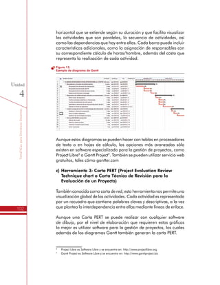 TemáTICasparaDirectivosDocentes
102
Unidad
4
horizontal que se extiende según su duración y que facilita visualizar
las actividades que son paralelas, la secuencia de actividades, así
como las dependencias que hay entre ellas. Cada barra puede incluir
características adicionales, como la asignación de responsables con
su correspondiente cálculo de horas/hombre, además del costo que
representa la realización de cada actividad.
Figura 13.
Ejemplo de diagrama de Gantt
Aunque estos diagramas se pueden hacer con tablas en procesadores
de texto o en hojas de cálculo, las opciones más avanzadas sólo
existen en software especializado para la gestión de proyectos, como
Project Libre8
o Gantt Project9
. También se pueden utilizar servicio web
gratuitos, tales cómo gantter.com
c)	Herramienta 3: Carta PERT (Project Evaluation Review
Technique chart o Carta Técnica de Revisión para la
Evaluación de un Proyecto)
También conocida como carta de red, esta herramienta nos permite una
visualización global de las actividades. Cada actividad es representada
por un recuadro que contiene palabras claves y descriptivas, a la vez
que plantea la interdependencia entre ellas mediante líneas de enlace.
Aunque una Carta PERT se puede realizar con cualquier software
de dibujo, por el nivel de elaboración que requieren estos gráficos
lo mejor es utilizar software para la gestión de proyectos, los cuales
además de los diagramas Gantt también generan la carta PERT.
8
	 Project Libre es Software Libre y se encuentra en: http://www.projectlibre.org
9
	 Gantt Project es Software Libre y se encuentra en: http://www.ganttproject.biz
 