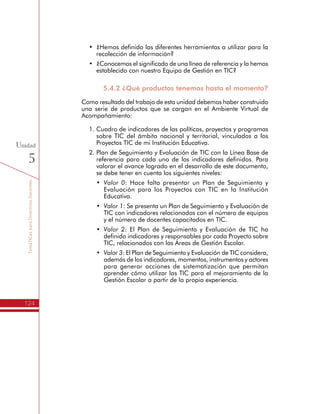 TemáTICasparaDirectivosDocentes
124
Unidad
5
•	 ¿Hemos definido las diferentes herramientas a utilizar para la
recolección de información?
•	 ¿Conocemos el significado de una línea de referencia y la hemos
establecido con nuestro Equipo de Gestión en TIC?
5.4.2 ¿Qué productos tenemos hasta el momento?
Como resultado del trabajo de esta unidad debemos haber construido
una serie de productos que se cargan en el Ambiente Virtual de
Acompañamiento:
1.	Cuadro de indicadores de las políticas, proyectos y programas
sobre TIC del ámbito nacional y territorial, vinculados a los
Proyectos TIC de mi Institución Educativa.
2.	Plan de Seguimiento y Evaluación de TIC con la Línea Base de
referencia para cada uno de los indicadores definidos. Para
valorar el avance logrado en el desarrollo de este documento,
se debe tener en cuenta los siguientes niveles:
•	 Valor 0: Hace falta presentar un Plan de Seguimiento y
Evaluación para los Proyectos con TIC en la Institución
Educativa.
•	 Valor 1: Se presenta un Plan de Seguimiento y Evaluación de
TIC con indicadores relacionados con el número de equipos
y el número de docentes capacitados en TIC.
•	 Valor 2: El Plan de Seguimiento y Evaluación de TIC ha
definido indicadores y responsables por cada Proyecto sobre
TIC, relacionados con las Áreas de Gestión Escolar.
•	 Valor 3: El Plan de Seguimiento y Evaluación de TIC considera,
además de los indicadores, momentos, instrumentos y actores
para generar acciones de sistematización que permitan
aprender cómo utilizar las TIC para el mejoramiento de la
Gestión Escolar a partir de la propia experiencia.
 
