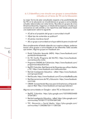 TemáTICasparaDirectivosDocentes
130
Unidad
6
6.1.3 Identifico y me vinculo con grupos o comunidades
virtuales en el tema de TIC en la Educación
La mejor forma de estar actualizado respecto a las posibilidades de
las TIC en la educación es vinculándonos en grupos o comunidades
virtuales relacionados con estos temas. Reunidos en grupos de cinco
Directivos Docentes, hagamos un listado de los espacios virtuales que
conocemos en este sentido y nos repartimos este listado para hacer
una exploración sobre lo siguiente:
•	 ¿Cuál es el propósito del grupo o comunidad virtual?
•	 ¿Qué tipo de contenidos se publican?
•	 ¿Cuántos miembros tiene?
•	 ¿Es un grupo o comunidad con el que valdría la pena vincularme?
Para complementar el listado obtenido con nuestros colegas, podemos
buscar otros grupos o comunidades en las diferentes redes sociales
que existen. Algunos grupos en Facebook son:
•	 Portal Colombia Aprende (MEN): https://www.facebook.com/
portalcolombiaaprende
•	 En TIC Confío (Programa del MinTIC): https://www.facebook.
com/enticconfio.mintic
•	 Programa ONDAS de Colciencias: https://www.facebook.com/
programaondascolciencias
•	 RedTIC Colombia: Red Nacional de Docentes que utilizan Medios
y TIC: https://www.facebook.com/redticcolombia
•	 Red de Investigación Educativa – ieRed: https://www.facebook.
com/groups/iered/
•	 Red Escuela: https://www.facebook.com/ComunidadRedEscuela
•	 Red Iberoamericana de TIC y Educación: https://www.facebook.
com/riate
•	 CREAR: Compartiendo Recursos para la Enseñanza y el Aprendi-
zaje en Red: https://www.facebook.com/groups/redcrear/
Algunas comunidades en Google+ sobre TIC en Educación son:
•	 RedTIC Colombia: https://plus.google.com/1037698524400
37547281/
•	 Red de Investigación Educativa – ieRed: https://plus.google.com/
communities/101851771379941841340
•	 TIC, Educación y Social Media: https://plus.google.com/
communities/113402867351111287236
 