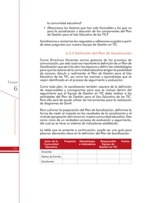 TemáTICasparaDirectivosDocentes
138
Unidad
6
•	 ¿Reconozco los factores que han sido favorables y los que no
para la socialización y discusión de los componentes del Plan
de Gestión para el Uso Educativo de las TIC?
Socializamos y revisamos las respuestas y reflexiones surgidas a partir
de estas preguntas con nuestro Equipo de Gestión en TIC.
6.3.2 Definición del Plan de Socialización
Como Directivos Docentes somos gestores de los procesos de
comunicación, por esta razón es importante la definición de un Plan de
Socialización que permita abrir los espacios y definir las metodologías
para que los actores de la comunidad educativa tengan la posibilidad
de conocer, discutir y realimentar el Plan de Gestión para el Uso
Educativo de las TIC, así como los avances y aprendizajes que se
vayan identificado en el proceso de seguimiento y evaluación.
Como todo plan, la socialización también requiere de la definición de
responsables y cronogramas para que se incluya dentro del seguimiento
que el Equipo de Gestión en TIC debe realizar a las actividades del Plan
de Gestión para el Uso Educativo de las TIC. Para ello será de ayuda
utilizar las herramientas para la realización de diagramas de Gantt.
Para culminar la preparación del Plan de Socialización, definimos la
forma de medir el impacto en los resultados de la socialización y el
nivel de apropiación del mismo en nuestra comunidad educativa. Esto
como inicio de un verdadero proceso de evaluación y seguimiento,
del cual ya se tiene un sistema de indicadores establecido.
La tabla que se presenta a continuación, puede ser una guía para
plasmar elementos clave en la definición del Plan de Socialización:
Actor de la
Comunidad
Educativa
Propósito Metodología
e Indicadores
Responsable
Equipo de
Gestión en TIC
Fechas
Docentes
Padres de Familia
Estudiantes
6.3.3 Socializamos nuestro Plan de Gestión para el Uso
Educativo de las TIC con la comunidad educativa
Aunque el Plan de Socialización considera espacios y estrategias
para los diferentes actores de la Comunidad Educativa, existen dos
actividades que se deben desarrollar como parte del Itinerario de
 