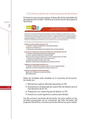 TemáTICasparaDirectivosDocentes
162
Anexo
1
h Somos gestores de la calidad y la pertinencia educativa
Esta sección contiene los recursos para apoyar el desarrollo de la
Unidad 5 del Itinerario de Formación del programa TemáTICas, donde
se encuentran las siguientes actividades de aprendizaje:
1.	Reconozco las metas e indicadores de los proyectos sobre TIC
a nivel nacional y territorial.
2.	Hacemos seguimiento, evaluación y realimentación para
aprender y mejorar.
3.	Creamos un Sistema de Indicadores para el Plan de Gestión
para el Uso Educativo de las TIC.
4.	Gestionamos la calidad y pertinencia educativa.
Igualmente, esta sección cuenta con los recursos necesarios para realizar
las actividades y entregar los respectivos avances de la formación.
 