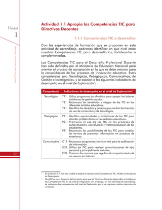 TemáTICasparaDirectivosDocentes
22
Unidad
1
Actividad 1.1 Apropio las Competencias TIC para
Directivos Docentes
1.1.1 Competencias TIC a desarrollar
Con las experiencias de formación que se proponen en esta
actividad de aprendizaje, podremos identificar en qué nivel están
nuestras Competencias TIC para desarrollarlas, fortalecerlas o
complementarlas.
Las Competencias TIC para el Desarrollo Profesional Docente
han sido definidas por el Ministerio de Educación Nacional para
orientar el proceso de apropiación en la que se debe avanzar para
la consolidación de los procesos de innovación educativa. Estas
competencias son: Tecnológicas, Pedagógicas, Comunicativas, de
Gestión e Investigativas, y se asocian a los siguientes indicadores de
desempeño en el nivel de Exploración1
:2
Competencia Indicadores de desempeño en el nivel de Exploración2
Tecnológica T11.	 Utilizo programas de ofimática para apoyar las labores
cotidianas de gestión escolar.
T21.	Reconozco los beneficios y riesgos de las TIC en los
diferentes ámbitos educativos.
T31.	 Identifico los derechos y deberes que me dan las licencias
de uso de contenidos y de tecnologías.
Pedagógica P11.	Identifico oportunidades y limitaciones de las TIC para
abordar problemáticas o necesidades educativas.
P21.	Promuevo el uso de las TIC en los procesos de
autoevaluación, coevaluación y heteroevaluación de los
estudiantes.
P31.	Reconozco las posibilidades de las TIC para ampliar
las formas de presentar información en procesos de
enseñanza.
Comunicativa C11.	Reconozco programas y servicio web para la publicación
de información.
C21.	Utilizo las TIC para realizar comunicaciones de tipo
personal y principalmente textuales.
C31.	Conozco las normas que regulan el comportamiento de
un usuario en Internet.
1
	 En la sección 1.1.3 de esta unidad se explica la relación entre Competencias TIC, Niveles e Indicadores
de Desempeño.
2
	 TemáTICas es un Itinerario de Formación para que los Directivos Docentes desarrollen o fortalezcan
las Competencias TIC en el nivel de Integración. Sin embargo, en esta actividad de aprendizaje,
se trabajaran las competencias del nivel de Exploración por si se requieren realizar ejercicios de
nivelación.
 