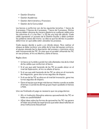 37
SomosactoresdenuestroprocesodeformaciónenTIC
Unidad
1
•	 Gestión Directiva
•	 Gestión Académica
•	 Gestión Administrativa y Financiera
•	 Gestión de la Comunidad
Los barcos a conformar son de los siguientes tamaños: 1 barco de
6 procesos, 2 barcos de 4 procesos, 1 barco de 5 procesos. Dichos
barcos deben ubicarse de manera aleatoria en cualquier celda entre
las columnas A y J y las filas 1 a 20 de una hoja de cálculo. Cada
celda representa un proceso de la Gestión Escolar y debe contener
las palabras claves del mismo. La idea es que los demás no puedan
determinar en qué celda están ubicados los procesos.
Cada equipo decide a quién y en dónde atacar. Para realizar el
ataque se debe nombrar una celda de la hoja del equipo contrario,
el equipo atacado lee la descripción del proceso y menciona cómo
está incorporando las TIC. En caso que no se estén utilizando las TIC
en ese proceso, el tiro es efectivo y daña el barco.
Reglas clave:
•	 Un barco es hundido cuando han sido afectadas más de la mitad
de las celdas que conforman el barco.
•	 Sí el uso que está haciendo de las TIC se puede ubicar en el
nivel de Exploración, el tiro no afecta al barco.
•	 Si el uso que está haciendo de las TIC se ubica en el momento
de Integración, gana dos turnos seguidos de disparo.
•	 Si el uso de las TIC se ubica en el nivel de Innovación, gana tres
turnos seguidos de disparo.
•	 Gana el equipo que tenga más barcos intactos cuando se acabe
el tiempo o cuando los demás grupos hayan quedado sin barcos
a flote.
Una vez finalizado el juego es necesario que nos preguntemos:
•	 ¿En mi Institución Educativa estamos aprovechando las TIC en
todas sus posibilidades?
•	 ¿Qué ideas sobre las formas de aprovechar las TIC me genera
el haber escuchado las experiencias que están desarrollando en
otras Instituciones Educativas?
 