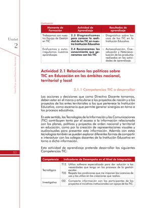 TemáTICasparaDirectivosDocentes
50
Unidad
2
Trabajamos con nues-
tro Equipo de Gestión
en TIC
2.3 Diagnosticamos
para conocer la reali-
dad de las TIC en nues-
tra Institución Educativa
-	 Diagnóstico sobre los
usos de las TIC en la
Institución Educativa.
Evaluamos y auto-
rregulamos nuestros
aprendizajes
2.4 Reconocemos los
conocimiento que ge-
neramos con las TIC
-	 Autoevaluación, Coe-
valuación y Heteroeva-
luación de los productos
realizados en las activi-
dades de aprendizaje.
Actividad 2.1 Relaciono las políticas sobre
TIC en Educación en los ámbitos nacional,
territorial y local
2.1.1 Competencias TIC a desarrollar
Las acciones y decisiones que como Directivo Docente tomamos,
deben estar en el marco y articularse a los proyectos de nación y a los
proyectos de los entes territoriales a los que pertenece la Institución
Educativa, como escenario que permite generar sinergias en torno a
los procesos educativos.
En este sentido, las Tecnologías de la Información y las Comunicaciones
(TIC) contribuyen tanto por el acceso a la información relacionada
con los planes, políticas y proyectos de orden nacional y territorial
en educación, como por la creación de representaciones visuales y
audiovisuales para presentar esta información. Además con estas
tecnologías también se pueden explorar diferentes formas de compartir
e interactuar con los colegas docentes de la Institución Educativa en
torno a dicha información.
Esta actividad de aprendizaje pretende desarrollar las siguientes
Competencias TIC:
Competencia Indicadores de Desempeño en el Nivel de Integración
Tecnológica
T12.	Utilizo software especializado para dar solución a las
necesidades que tengo en los procesos de la gestión
escolar.
T32.	 Respeto las condiciones que me imponen las Licencias de
uso y las utilizo en las creaciones que realizo.
Investigativa
I32.	 Comparto información con los participantes de los
proyectos e iniciativas institucionales con apoyo de las TIC.
Continuación
Momento de
Formación
Actividad de
Aprendizaje
Resultados de
aprendizaje
 